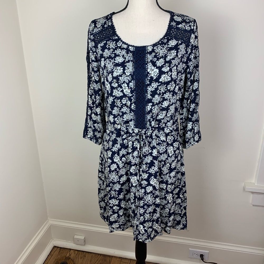 Mi Ami Blue Floral Lace-trimmed Tunic Dress Sz Med